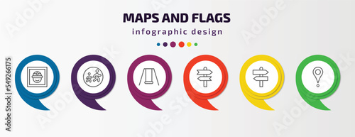 maps and flags infographic template with icons and 6 step or option. maps and flags icons such as mine site, school zone, swings, vintage, divarication, placeholder point vector. can be used for