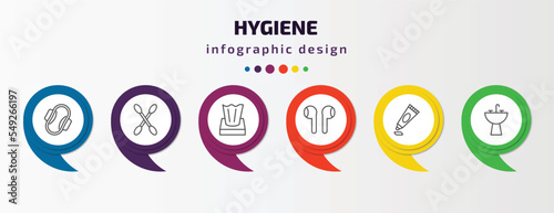hygiene infographic template with icons and 6 step or option. hygiene icons such as sanitary napkin, cotton swabs, tissues, ear buds, gel, washbowl vector. can be used for banner, info graph, web,