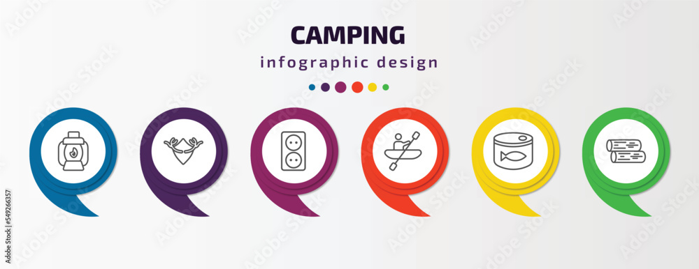 camping infographic template with icons and 6 step or option. camping icons such as lamp, hunting trophy, outlet, rafting, sardine, firewood vector. can be used for banner, info graph, web, camping infographic template with icons and 6 step or option. camping icons such as lamp, hunting trophy, outlet, rafting, sardine, firewood vector. can be used for banner, info graph, web,