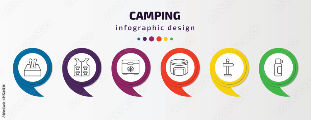 camping infographic template with icons and 6 step or option. camping icons such as tissue, fishing vest, freezer, canned food, direction, thermo vector. can be used for banner, info graph, web, camping infographic template with icons and 6 step or option. camping icons such as tissue, fishing vest, freezer, canned food, direction, thermo vector. can be used for banner, info graph, web,
