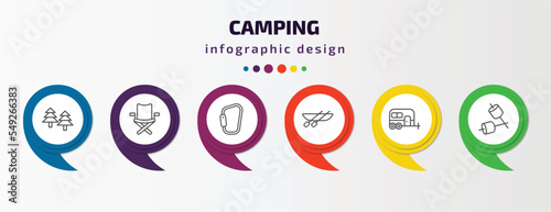 camping infographic template with icons and 6 step or option. camping icons such as forest, camp chair, carabiner, canoe, caravan, marshmallow vector. can be used for banner, info graph, web,