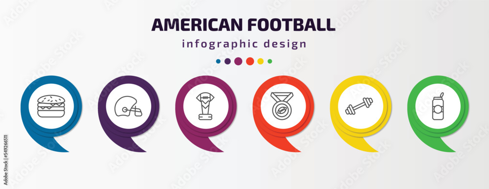 american football infographic template with icons and 6 step or option. american football icons such as hamburger, helmet, football trophy, medal, barbell, can of beer vector. can be used for american football infographic template with icons and 6 step or option. american football icons such as hamburger, helmet, football trophy, medal, barbell, can of beer vector. can be used for