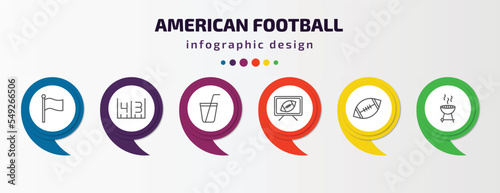 american football infographic template with icons and 6 step or option. american football icons such as flag, yard marking, soda drink, football tv program, american ball, with wheels vector. can be