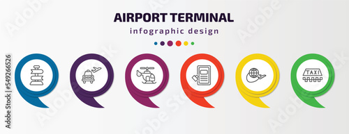 airport terminal infographic template with icons and 6 step or option. airport terminal icons such as direction post, airport taxi, helicopter flying, airpot cupboard, trip, taxi vector. can be used