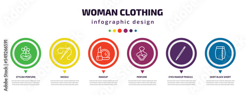 woman clothing infographic element with icons and 6 step or option. woman clothing icons such as stylish perfume bottle, needle, makeup, perfume, eyes makeup pencils, skirt black short vector. can