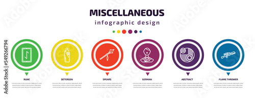 miscellaneous infographic element with icons and 6 step or option. miscellaneous icons such as rune, detergen, spears, german, abstract, flame thrower vector. can be used for banner, info graph,