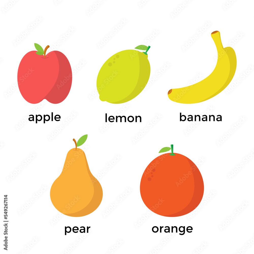 fruit set pear, banana, apple, lemon, orange on a white background