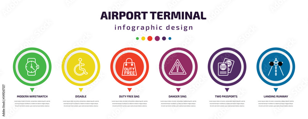 airport terminal infographic element with icons and 6 step or option. airport terminal icons such as modern wirstwatch, disable, duty free bag, danger sing, two passports, landing runway vector. can