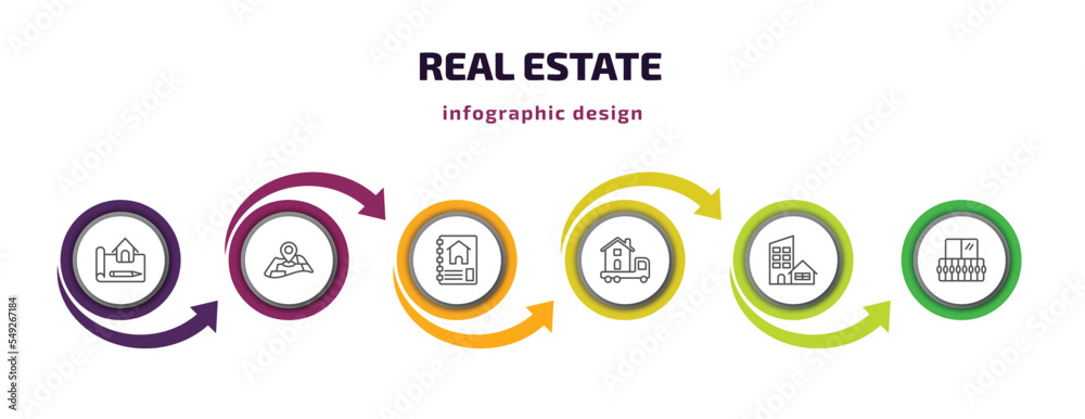 real estate infographic template with icons and 6 step or option. real estate icons such as technical drawing, map location, catalog, moving truck, real state, balcony vector. can be used for
