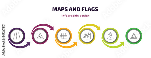maps and flags infographic template with icons and 6 step or option. maps and flags icons such as street, electrocutation danger, flyover bridge, mining work zone, locations, speed breaker vector.