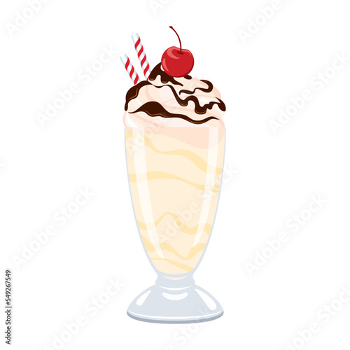 Vanilla milkshake with whipped cream and chocolate topping icon vector. Glass of milkshake with cherry on top icon isolated on a white background. Cup of vanilla milk drink drawing