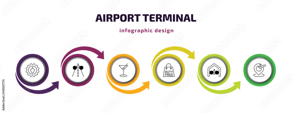 airport terminal infographic template with icons and 6 step or option. airport terminal icons such as security control, landing runway, martini with olive, duty free bag, hangar, airport placeholder airport terminal infographic template with icons and 6 step or option. airport terminal icons such as security control, landing runway, martini with olive, duty free bag, hangar, airport placeholder