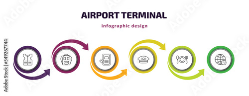 airport terminal infographic template with icons and 6 step or option. airport terminal icons such as lifesaver best, big backpack, airpot cupboard, pilot hat, clutery for lunch, time zones vector.
