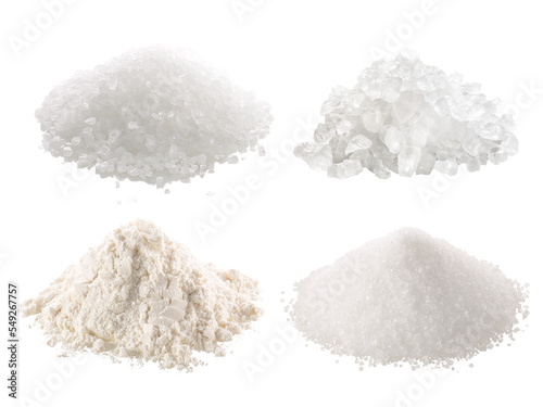 Salt, sugar and flour in piles isolated png photo
