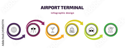 airport terminal infographic template with icons and 6 step or option. airport terminal icons such as security control, landing runway, martini with olive, duty free bag, hangar, airport placeholder