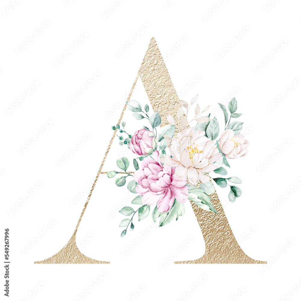 Floral alphabet, gold letter A with watercolor flowers and leaf ...