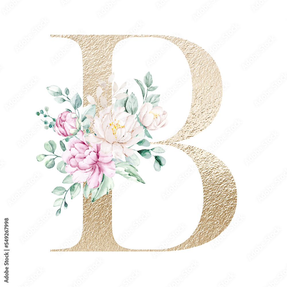 Floral alphabet, gold letter B with watercolor flowers and leaf ...