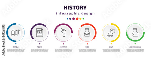 history infographic element with icons and 6 step or option. history icons such as trifold, poster, footprint, vase, diaur, archaeological vector. can be used for banner, info graph, web,