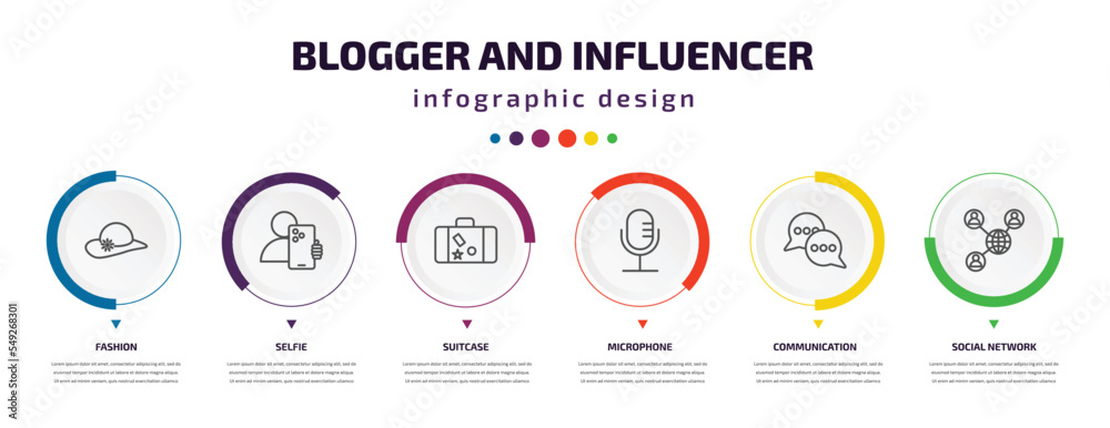 blogger and influencer infographic element with icons and 6 step or option. blogger and influencer icons such as fashion, selfie, suitcase, microphone, communication, social network vector. can be blogger and influencer infographic element with icons and 6 step or option. blogger and influencer icons such as fashion, selfie, suitcase, microphone, communication, social network vector. can be
