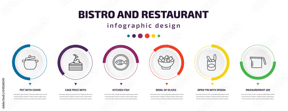 bistro and restaurant infographic element with icons and 6 step or option. bistro and restaurant icons such as pot with cover, cake piece with cream, kitchen fish, bowl of olives, open tin spoon, bistro and restaurant infographic element with icons and 6 step or option. bistro and restaurant icons such as pot with cover, cake piece with cream, kitchen fish, bowl of olives, open tin spoon,