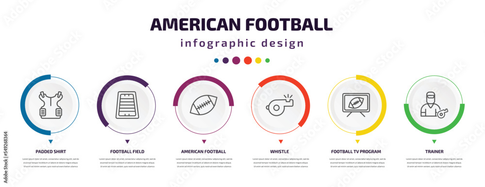 american football infographic element with icons and 6 step or option. american football icons such as padded shirt, football field, american whistle, tv program, trainer vector. can be used for american football infographic element with icons and 6 step or option. american football icons such as padded shirt, football field, american whistle, tv program, trainer vector. can be used for
