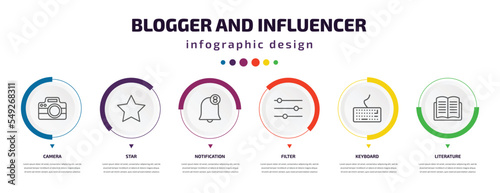 blogger and influencer infographic element with icons and 6 step or option. blogger and influencer icons such as camera, star, notification, filter, keyboard, literature vector. can be used for