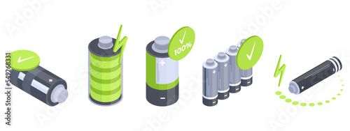 Isometric charged batteries. Metallic alkaline accumulators with green indicators, power electricity elements flat vector illustration on white background