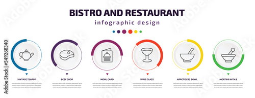 bistro and restaurant infographic element with icons and 6 step or option. bistro and restaurant icons such as vintage teapot, beef chop, menu card, wide glass, appetizers bowl, mortar with e
