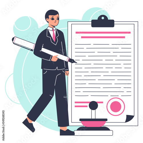 Law firm male worker. Legal service, litigation support and consultation, law and judgment research flat vector illustration on white background