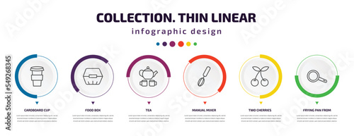 collection. thin linear infographic element with icons and 6 step or option. collection. thin linear icons such as cardboard cup, food box, tea, manual mixer, two cherries, frying pan from top