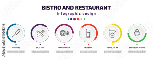 bistro and restaurant infographic element with icons and 6 step or option. bistro and restaurant icons such as thin knife, salad fork, pepperoni pizza, milk brick, mermelade jar, strawberry drawing