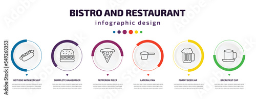 bistro and restaurant infographic element with icons and 6 step or option. bistro and restaurant icons such as hot dog with ketchup, complete hamburger, pepperoni pizza slice, lateral pan, foamy