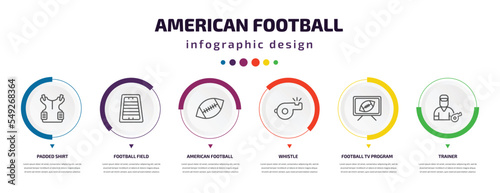 american football infographic element with icons and 6 step or option. american football icons such as padded shirt, football field, american whistle, tv program, trainer vector. can be used for
