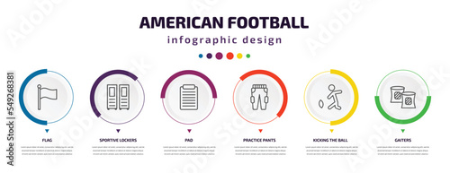 american football infographic element with icons and 6 step or option. american football icons such as flag, sportive lockers, pad, practice pants, kicking the ball, gaiters vector. can be used for