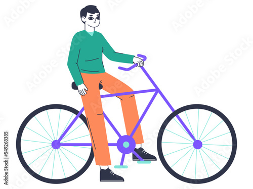 Male riding bike. Man on bicycle, active bike riding, eco friendly transportation flat vector illustration on white background
