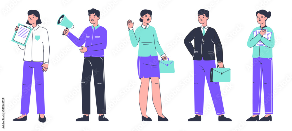 Successful business people. Office workers standing together, employee team and office colleagues wearing business suits flat vector illustration on white background Successful business people. Office workers standing together, employee team and office colleagues wearing business suits flat vector illustration on white background