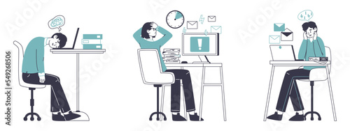 Stressed office workers, work deadline. Bad time management, busy business people deadline flat vector illustration on white background
