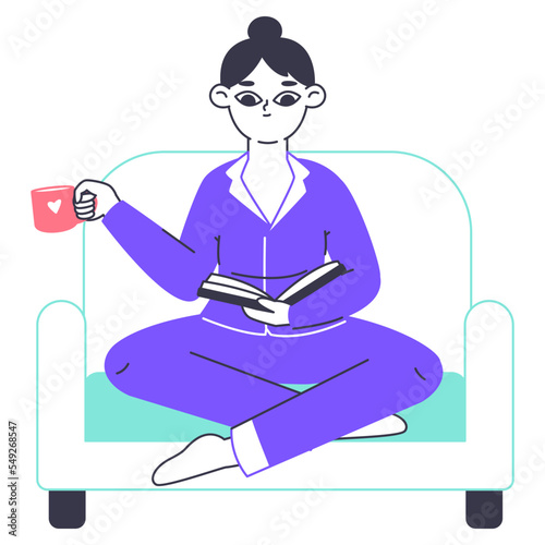 Woman sitting in armchair and reading book. Reading girl, book and literature lover, female book fan character flat vector illustration on white background