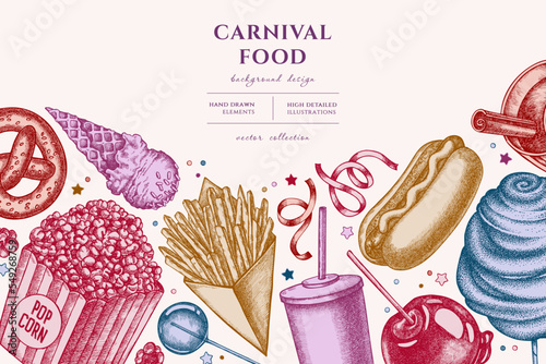 Carnival food hand drawn illustration design. Background with vintage french fries, pretzel, popcorn, lemonade, hot dog, mulled wine, caramel apple, cotton candy, ice cream cones, lollipop, ribbons.