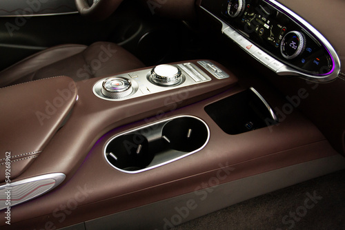 Cup holder in car. Interior view of modern car. Modern car cup holder