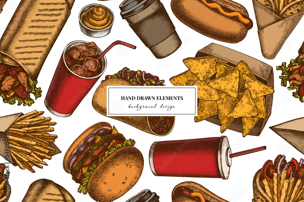 Street food seamless pattern background design. Engraved style. Hand
