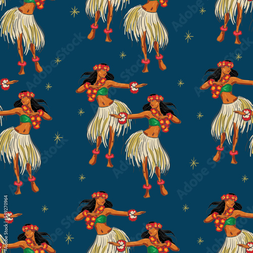 Beautiful Retro Hand drawn Hawaiian girl dance seamless pattern vector illustration
