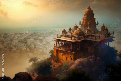 Murais de parede AI generated image of an ancient Hindu temple on top of a hill, overlooking an I