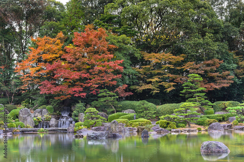 fukuoka, kyushu - december 07 2021: Landscape depicting the Sandan-Ochi-no-Taki Waterfall in the Ue-no-Ike pond of the Japanese Ohori garden colored by autumn colors of red momiji maple trees in rain.