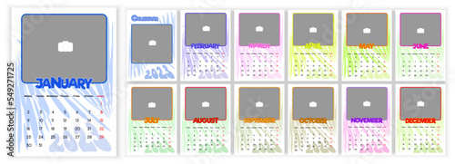 Wall Monthly Photo Calendar 2023. Simple monthly vertical photo calendar Layout for 2023 year in English. Cover Calendar, 12 monthes templates. Week starts from Monday. Vector illustration