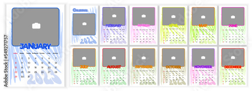 Wall Monthly Photo Calendar 2023. Simple monthly vertical photo calendar Layout for 2023 year in English. Cover Calendar, 12 monthes templates. Week starts from Sunday. Vector illustration
