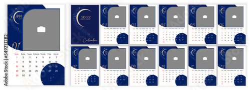 Astrology Wall Monthly Calendar 2023. Vertical photo calendar Layout for 2023 year in English with zodiac signs, star, moon on blue sky. Cover Calendar, 12 months templates. Monday week start. Vector 
