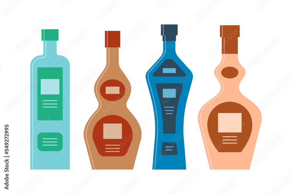 Bottle of gin, cognac, vodka, tequila in row. Icon bottle with cap and label. Great design for any purposes. Flat style. Color form. Party drink concept. Simple image shape Bottle of gin, cognac, vodka, tequila in row. Icon bottle with cap and label. Great design for any purposes. Flat style. Color form. Party drink concept. Simple image shape