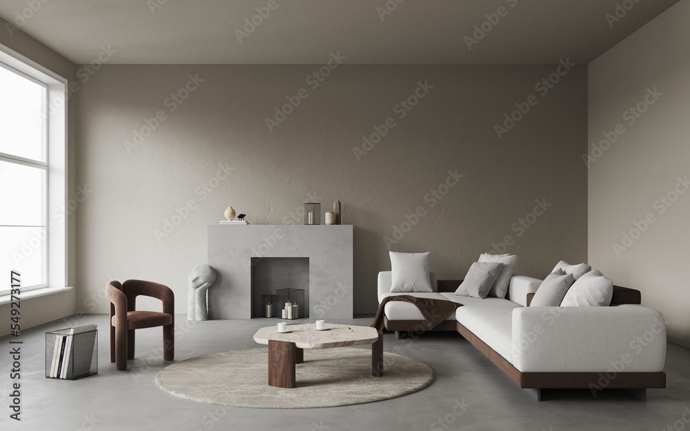 3d rendering of modern living room with grey sofa and velvet brown chair, coffee table, concrete fireplace with decor and sculpture on the floor, carpet on concret floor. 3d rendering of modern living room with grey sofa and velvet brown chair, coffee table, concrete fireplace with decor and sculpture on the floor, carpet on concret floor.