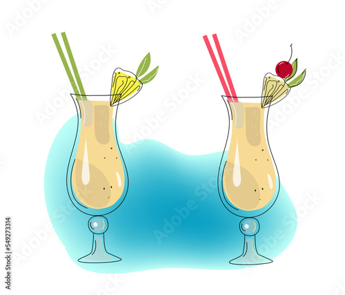 Pina colada alcohol cocktail, vector  colored doodle hand drawn sketch illustration.